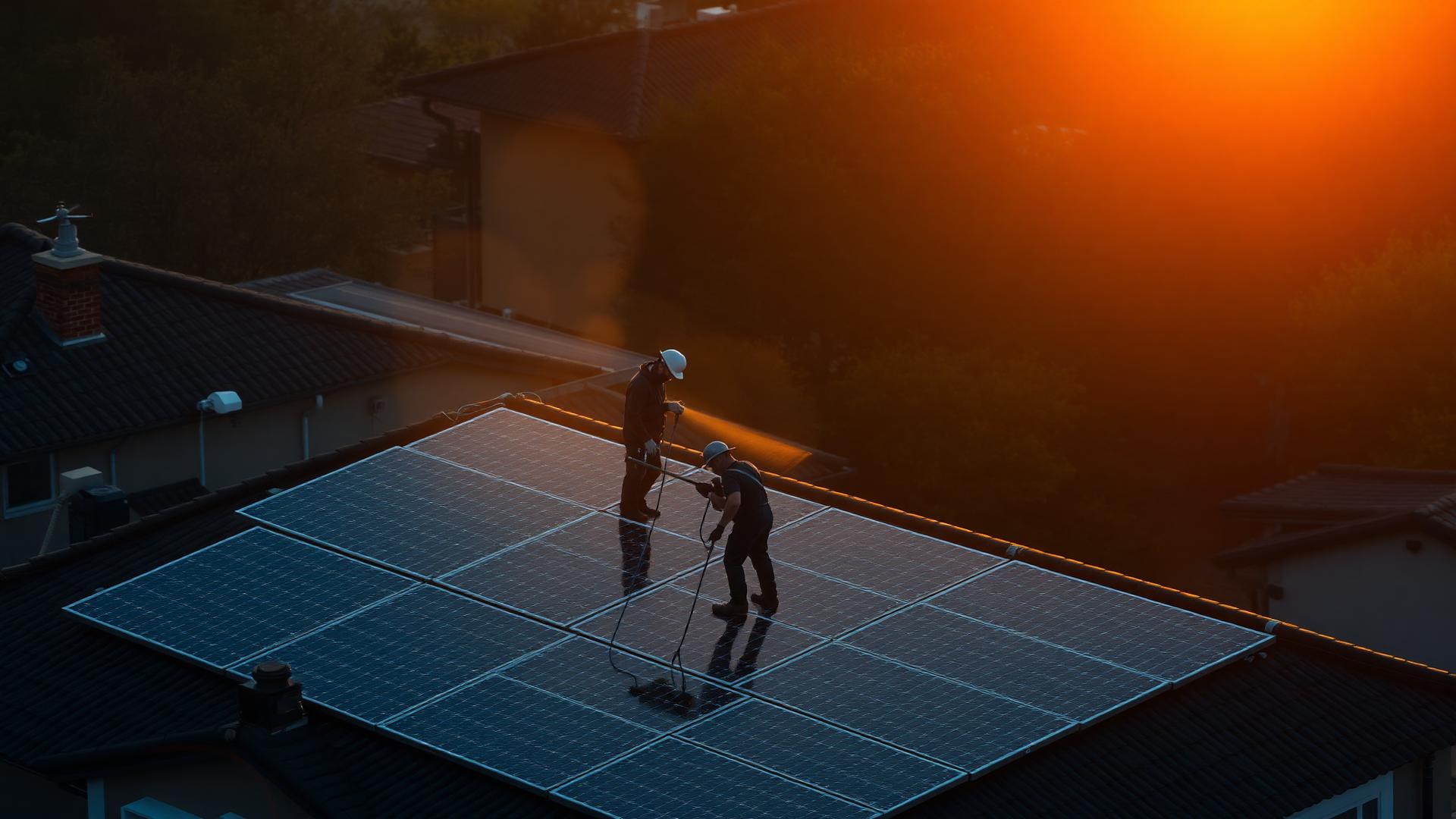 Mr Clean Solar technicians cleaning rooftop solar panels at sunset