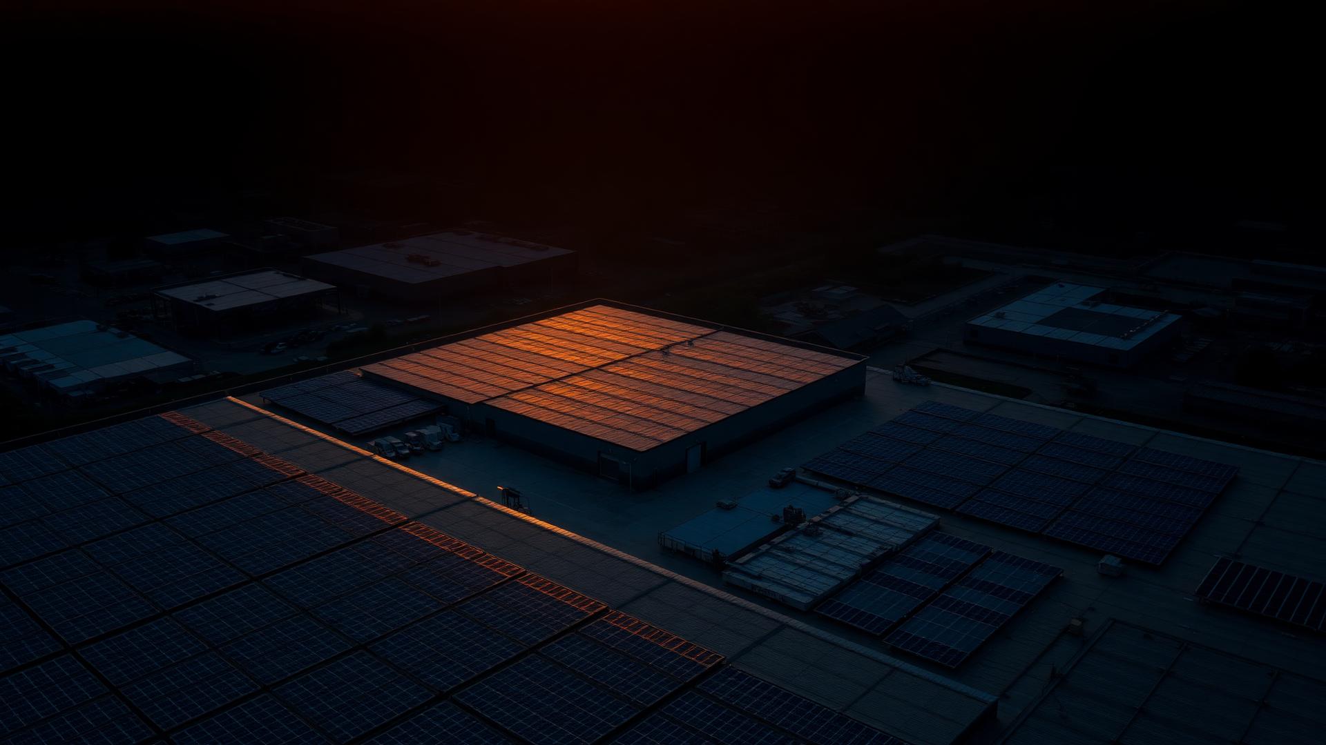 Aerial view of commercial warehouse rooftop solar installation