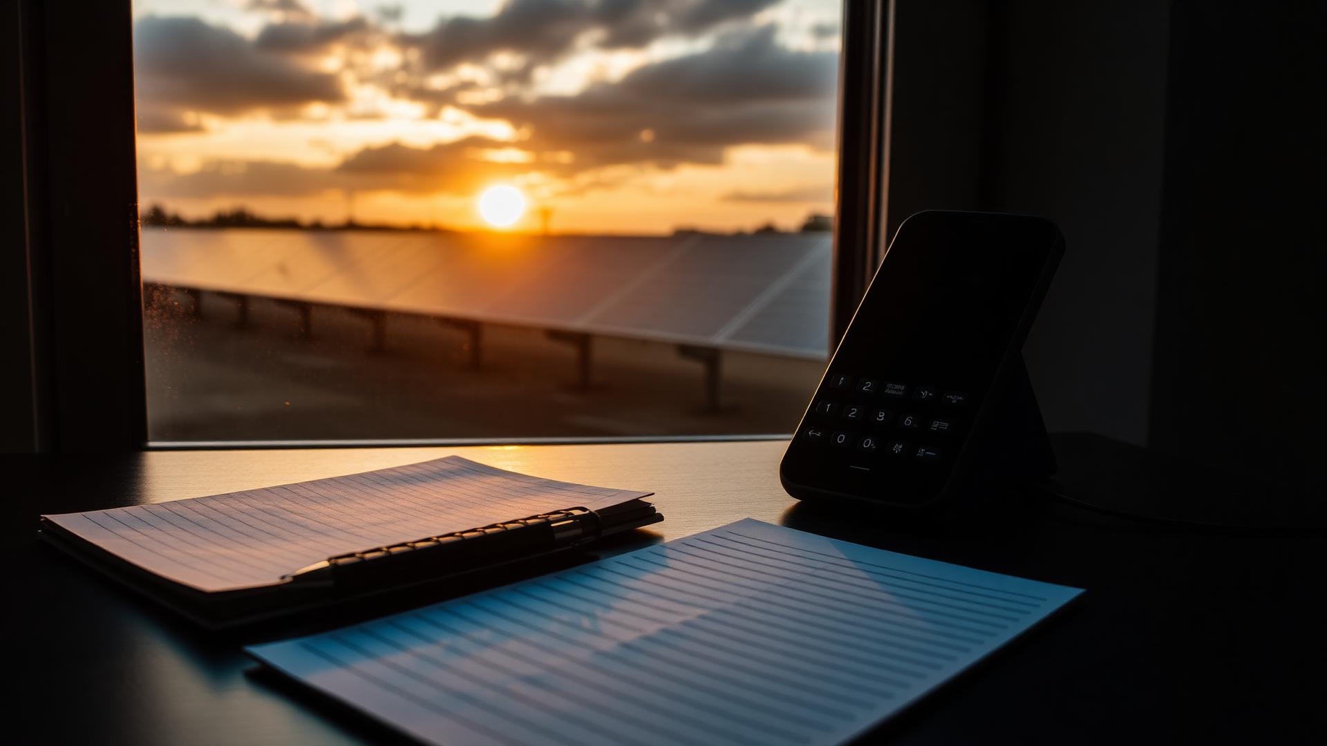 Contact Mr Clean Solar — phone and notepad with sunset solar view