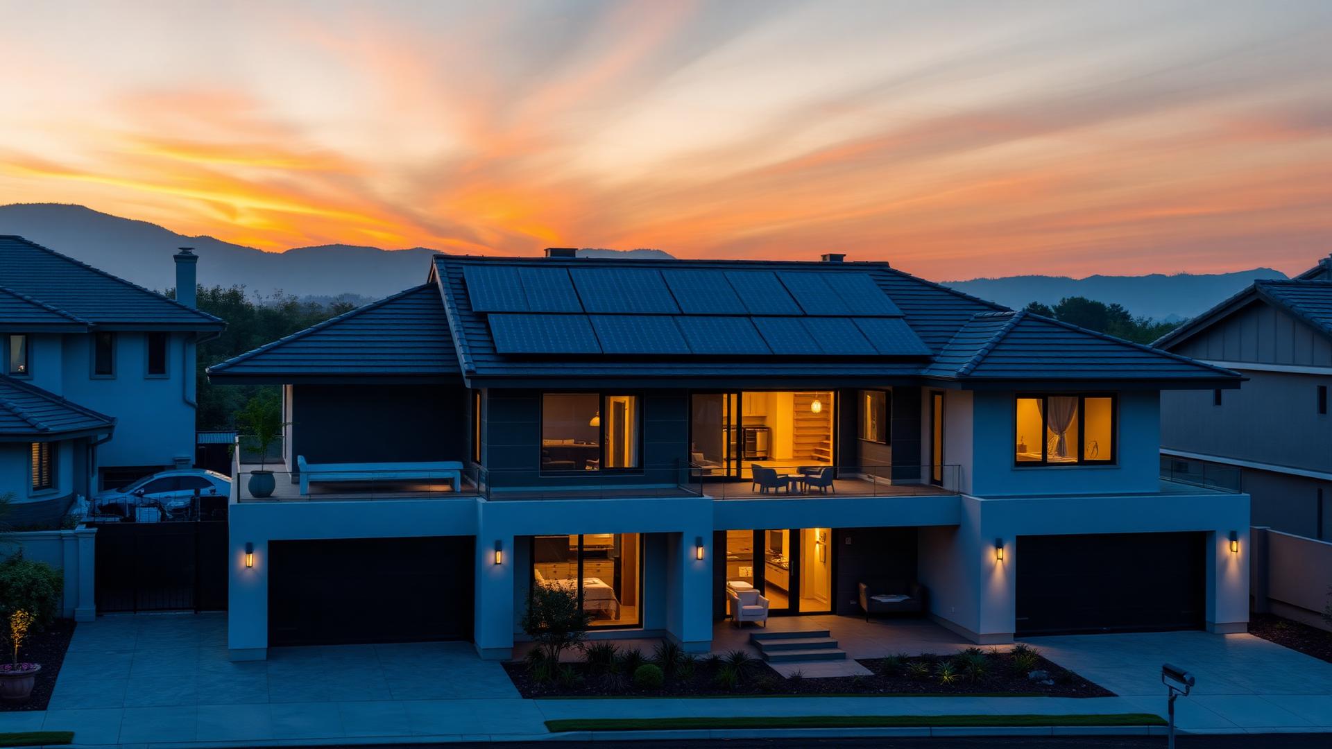 Modern home with solar panels at sunset