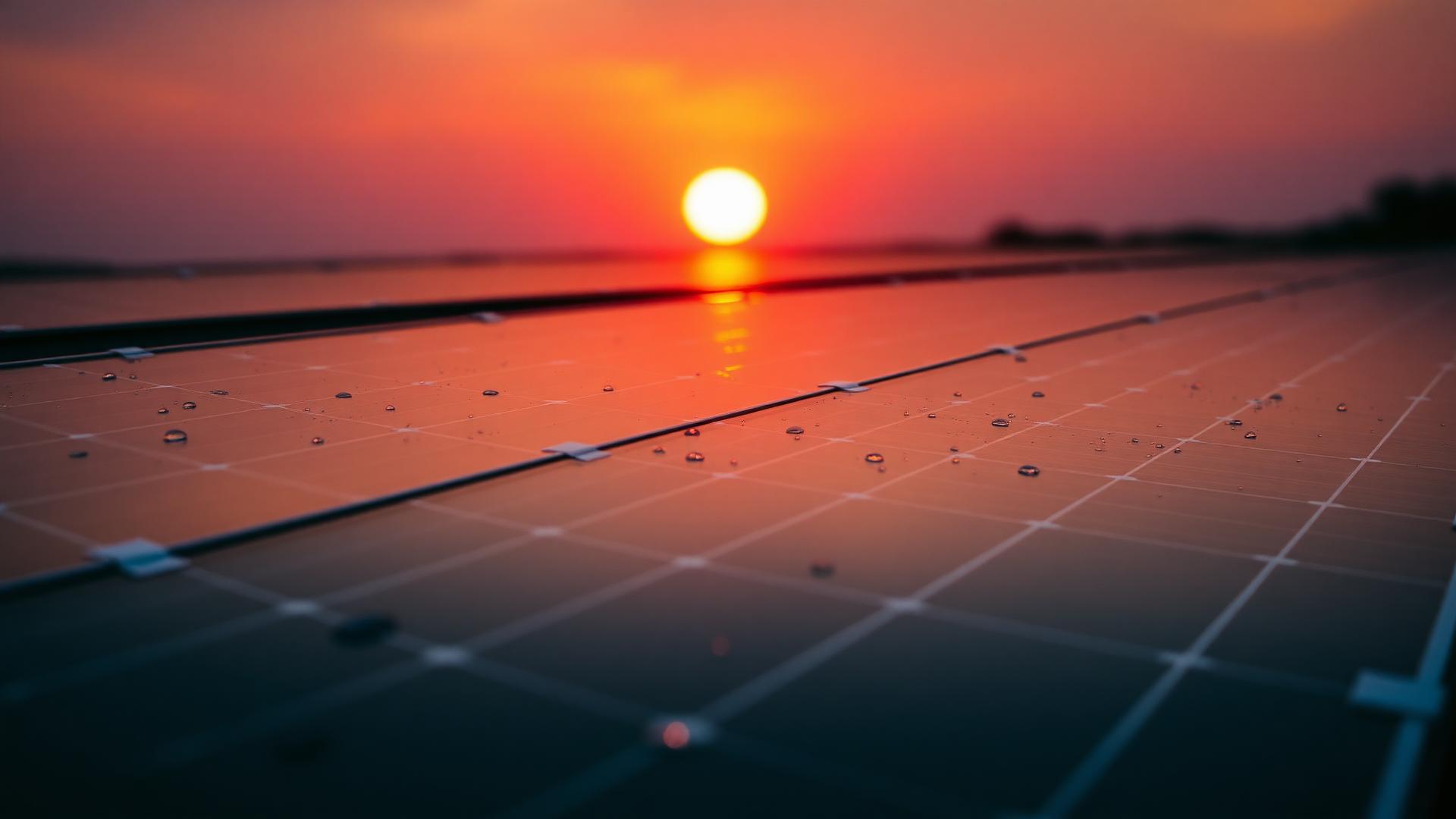 Cinematic close-up of clean solar panels with sunset reflection